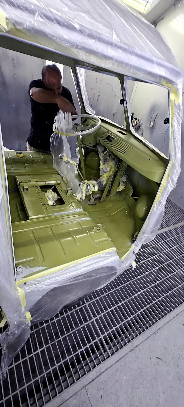 Classic car floor pan in fresh primer