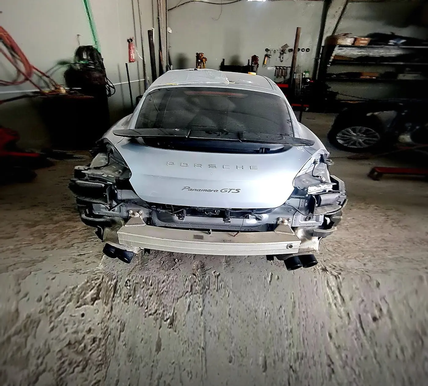 Rear-damaged Porsche Panamera stripped for body repair